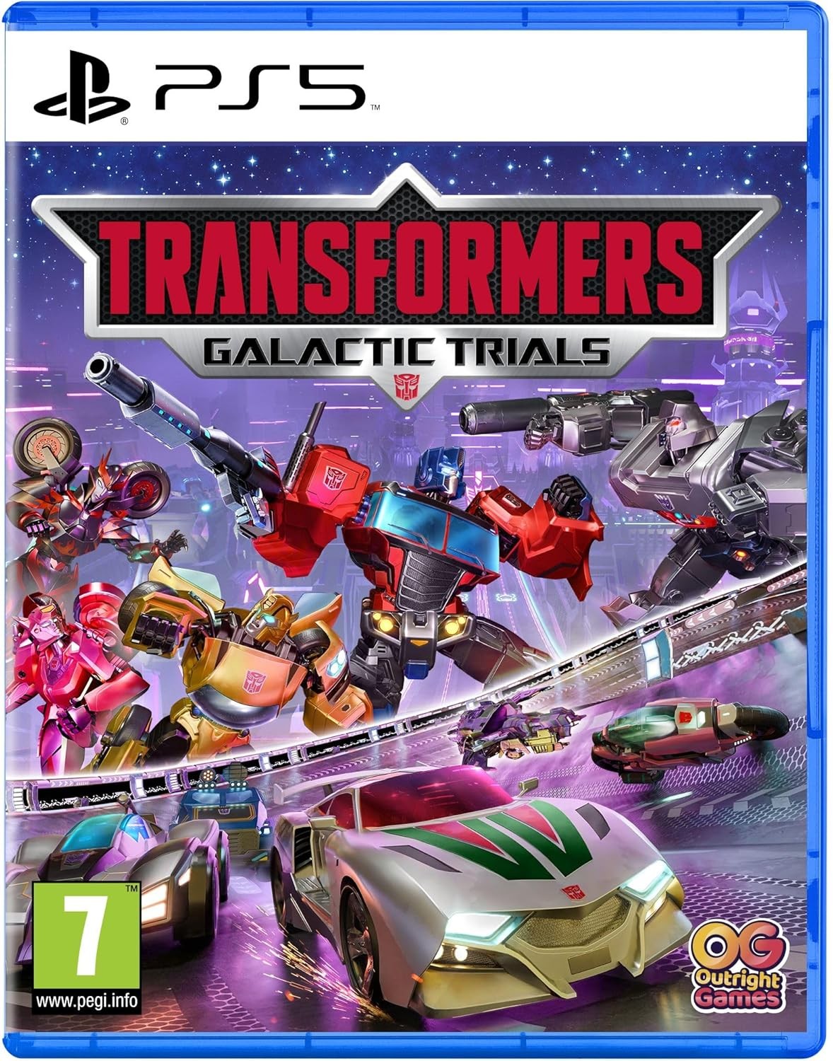 Colorful PS5 game cover featuring Transformers characters in action, with a vibrant space background, and the title "Transformers: Galactic Trials" prominently displayed at the top.