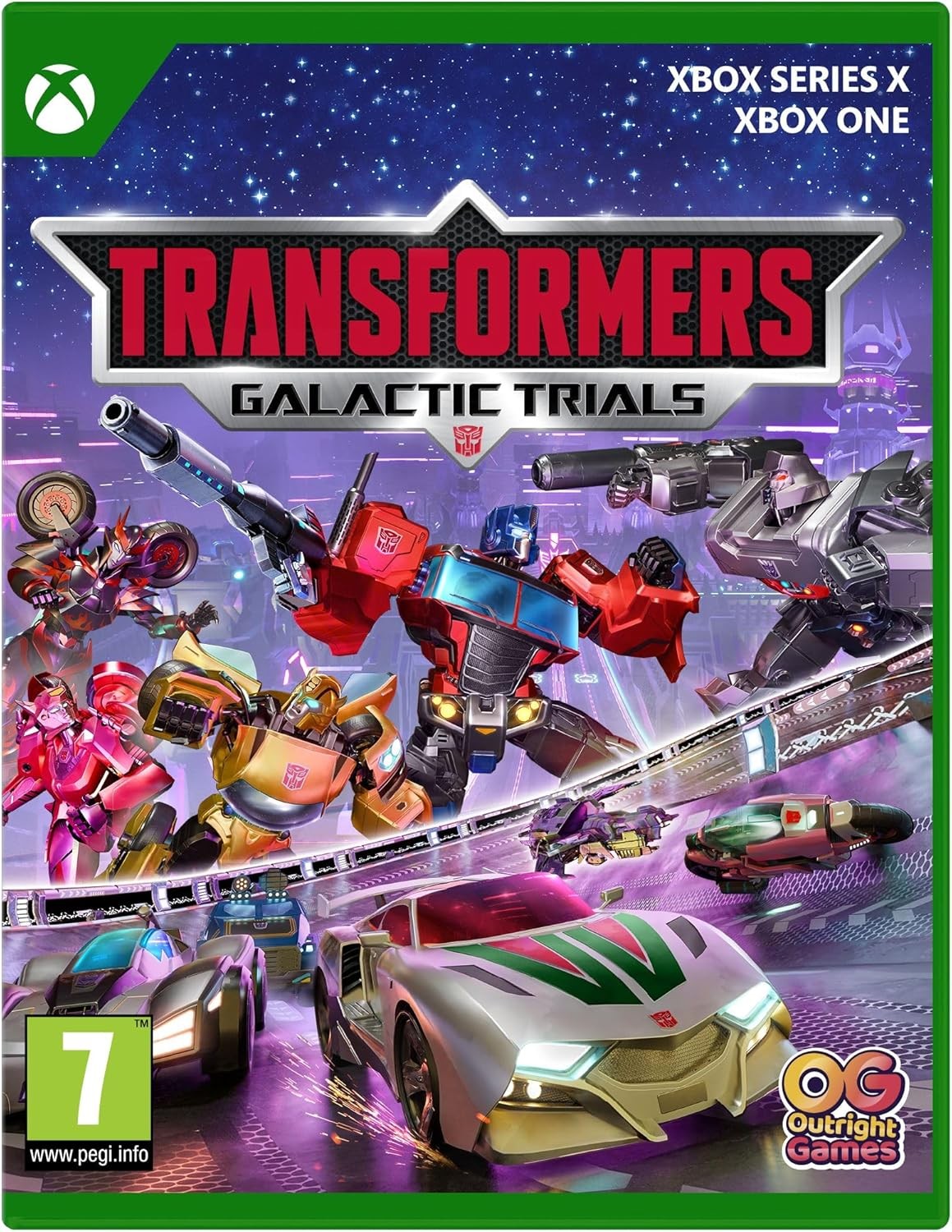 Colorful game cover featuring Transformers characters in action, with vibrant graphics, a futuristic car design, and the title "Transformers: Galactic Trials" prominently displayed.