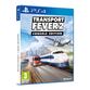 Transport Fever 2 game box featuring a vibrant cover with trains, planes, and ships, set against a blue sky and cityscape, packaged for PlayStation 4.