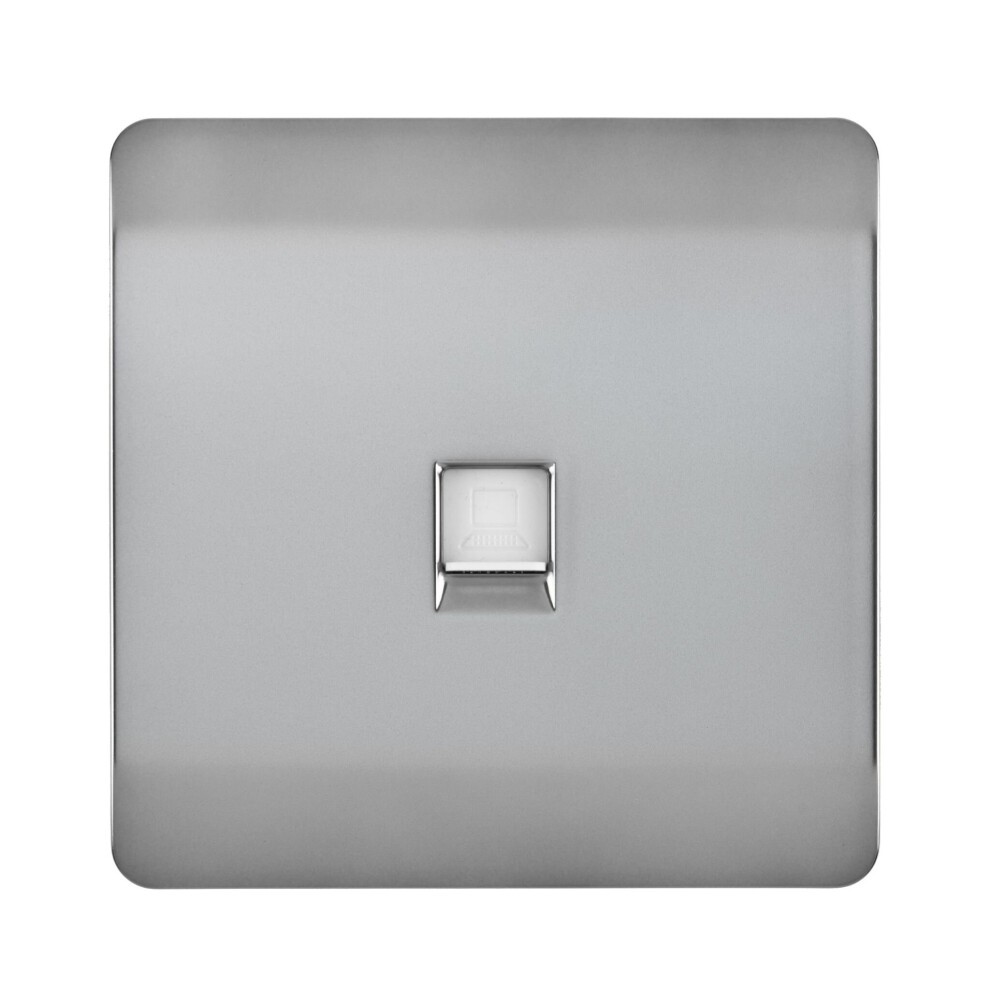 Glossy stainless steel Ethernet socket with a tactile RJ56 port, featuring a sleek modern design and rounded edges for a contemporary look.