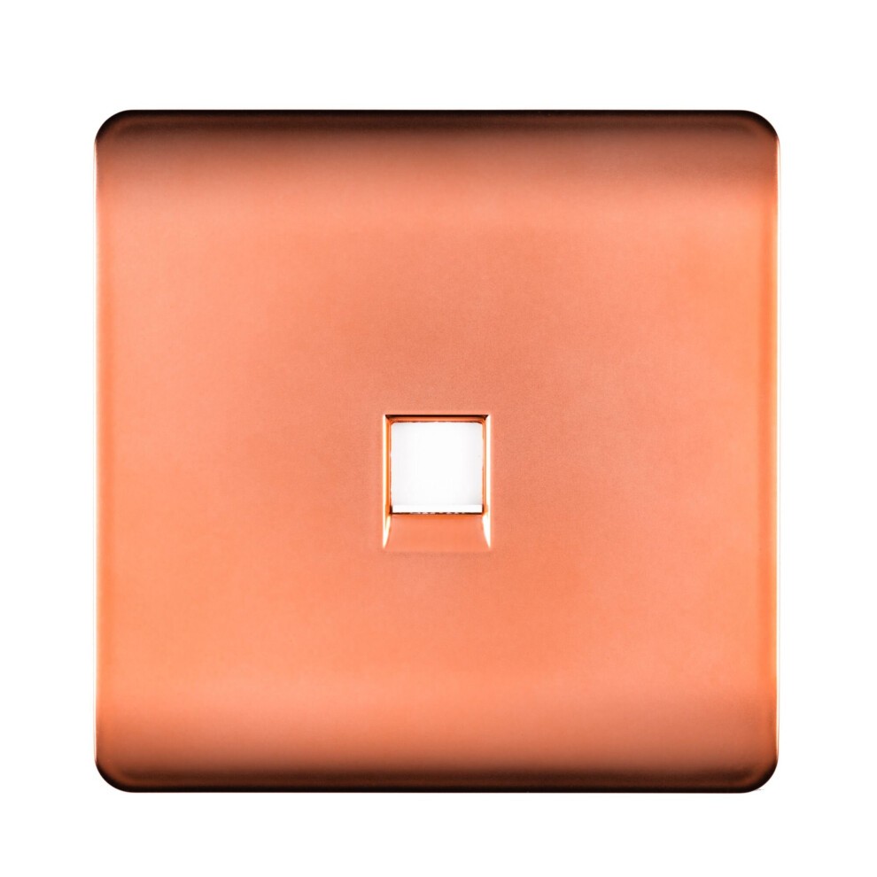 Glossy copper Ethernet socket with a tactile finish, featuring a square cutout for RJ56 connections, designed for Cat 5e and Cat 6 cables, showcasing a modern artistic style.