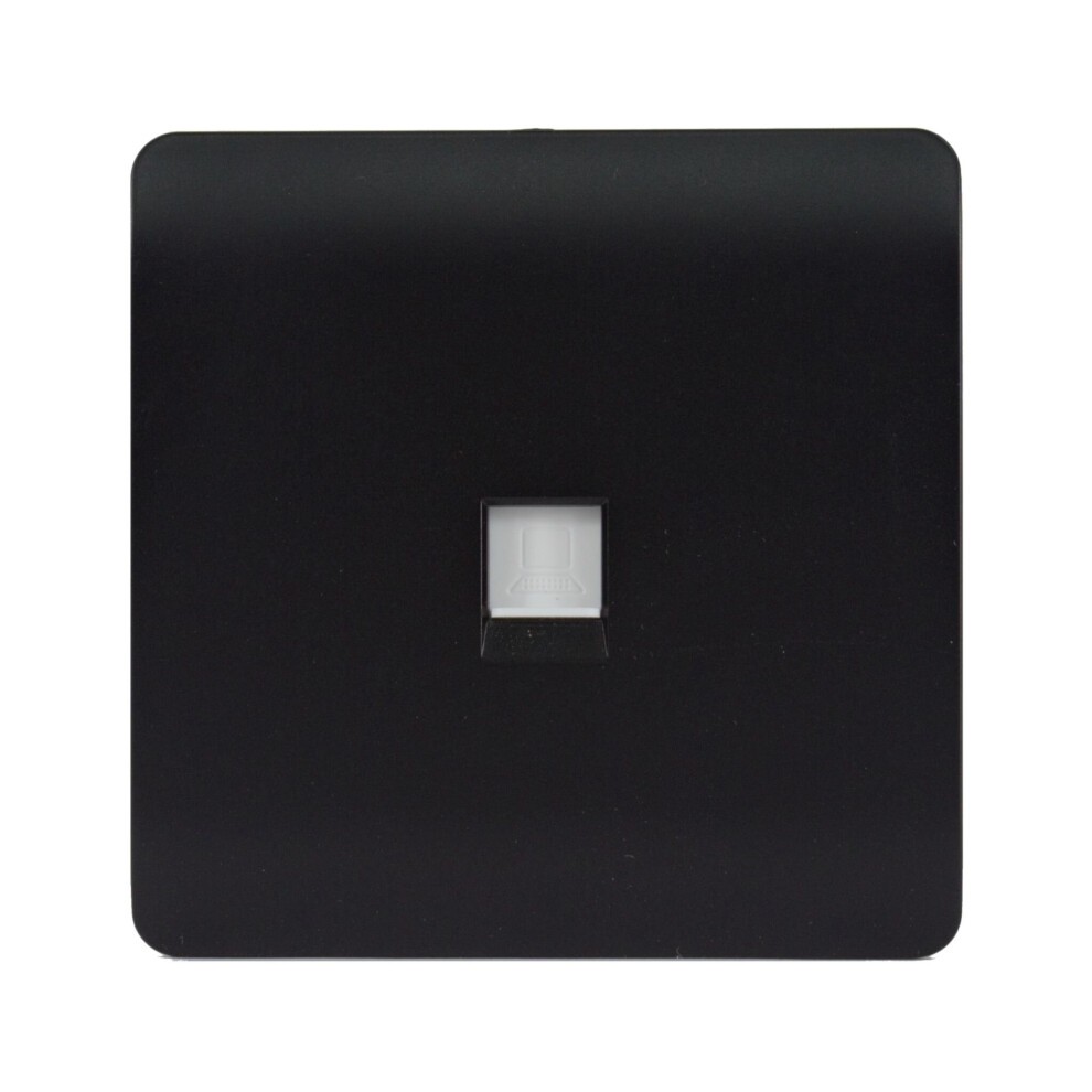 Matt black tactile RJ56 Cat 5e & Cat 6 Ethernet socket with a minimalist design, featuring a central white port for easy connectivity.