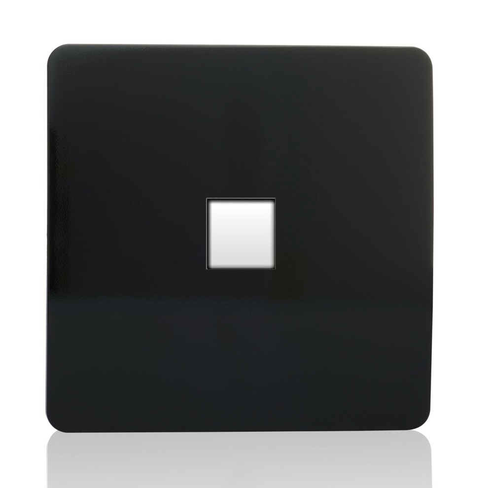 Glossy piano black Ethernet socket with a sleek, modern design, featuring a square cutout for RJ45 Cat 5e and Cat 6 connections, ideal for contemporary interiors.