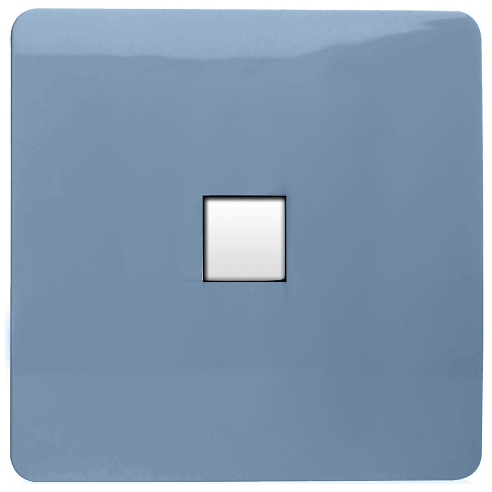 Glossy sky-blue RJ56 Ethernet socket with a square white insert, designed for Cat 5e and Cat 6 connections, featuring a modern tactile finish.
