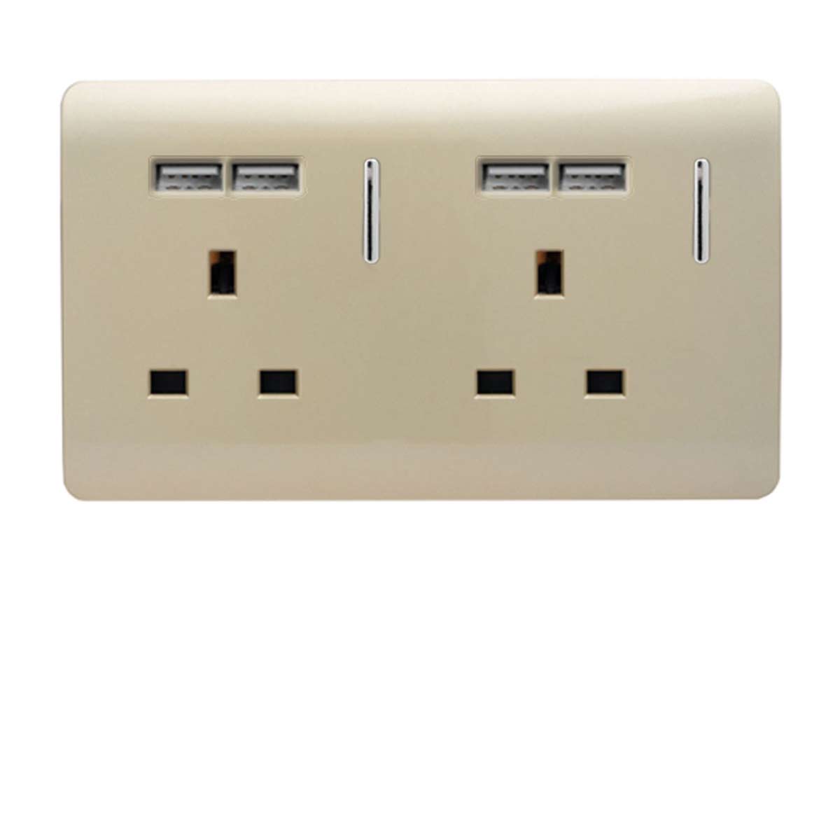 Champagne gold 2 gang plug socket with a glossy finish, featuring two standard outlets and two USB ports for charging devices.