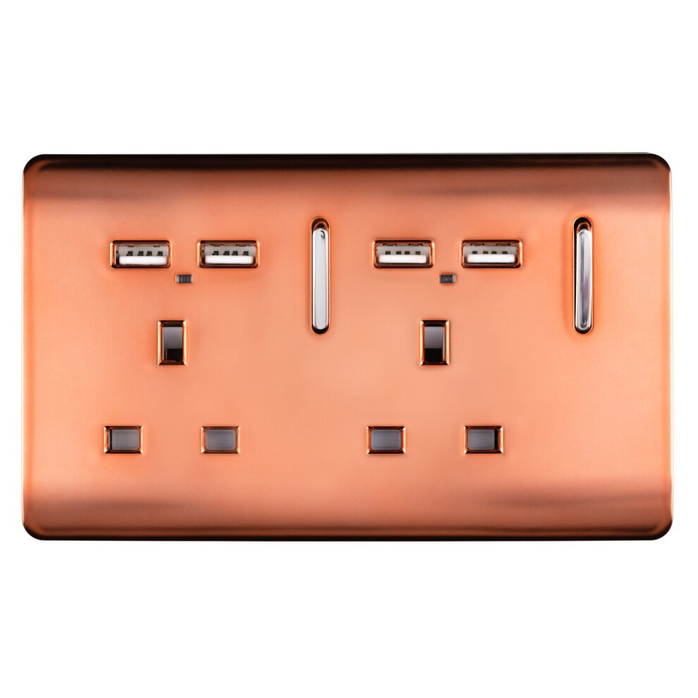 Glossy copper 2 gang plug socket with two USB ports, tactile switches, and modern artistic design, featuring a sleek rectangular shape and smooth surface.
