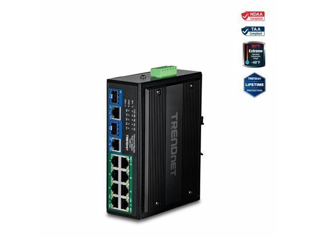 Black metal Trendnet TI-BG108 network switch with eight Ethernet ports, green terminal block, and various certification logos, designed for gigabit Ethernet connectivity.