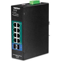Black Trendnet TI-PG102I network switch with 8 Ethernet ports and green terminal block on top.