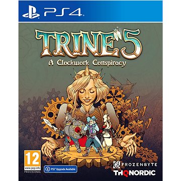 Cover art for "Trine 5 - A Clockwork Conspiracy" features a whimsical illustration with a blonde woman and various characters, set against a gear-themed background, with a blue PlayStation 4 logo.