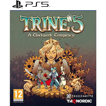 Trine 5 for PS5 features a colorful cover with a whimsical illustration of a queen and three characters, set against a fantasy backdrop, with "A Clockwork Conspiracy" prominently displayed.