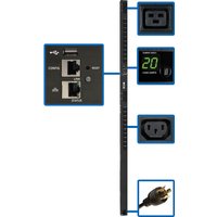 Black Tripp Lite PDU with LX interface, digital display, multiple outlets, and Ethernet ports.