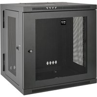 Black Tripp Lite 12U wall-mount rack enclosure with vented sides, lockable glass door, and cable management ports.