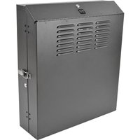 Black Tripp Lite 6U vertical-mount rack with vented front panel, lockable door, and compact design for network equipment.