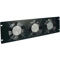 Black Tripp Lite 3U fan panel with three circular metal fan grilles, designed for rack cooling systems.