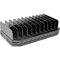"Black Tripp Lite 10-Port USB Charging Station with adjustable dividers and multiple USB ports on the front panel"