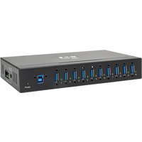 Black Tripp Lite 10-port industrial USB 3.x hub with blue USB ports and rugged metal casing.