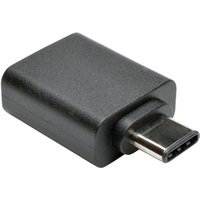 Black Tripp Lite USB-C to USB-A adapter with compact rectangular design and visible USB-C male connector.