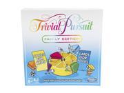 Colorful box for Trivial Pursuit Family Edition, featuring a yellow game board, pie-shaped pieces, and cards labeled "Cards for Kids" and "Cards for Adults."