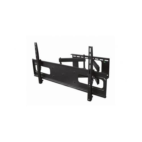 Black metal TV wall mount with adjustable arms, featuring multiple mounting holes and a sleek design for easy installation and optimal viewing angles.