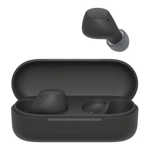 Black Sony WF-C510 true wireless Bluetooth in-ear headphones with a sleek design, featuring a compact charging case that holds the earbuds securely.