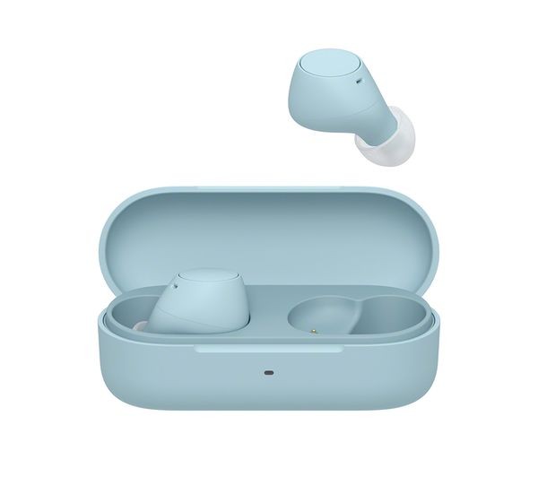 Blue Sony WF-C510 True Wireless Bluetooth in-ear headphones with a sleek charging case, featuring a minimalist design and ergonomic ear tips for comfort.