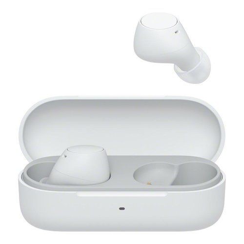 True wireless stereo in-ear headphones in white, featuring a sleek design with a charging case, ideal for calls, music, and sports, showcasing Bluetooth connectivity.