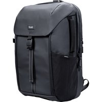 Grey Trust 25669 laptop backpack with padded straps, front buckle, side pocket, and sleek design for 17" laptops.