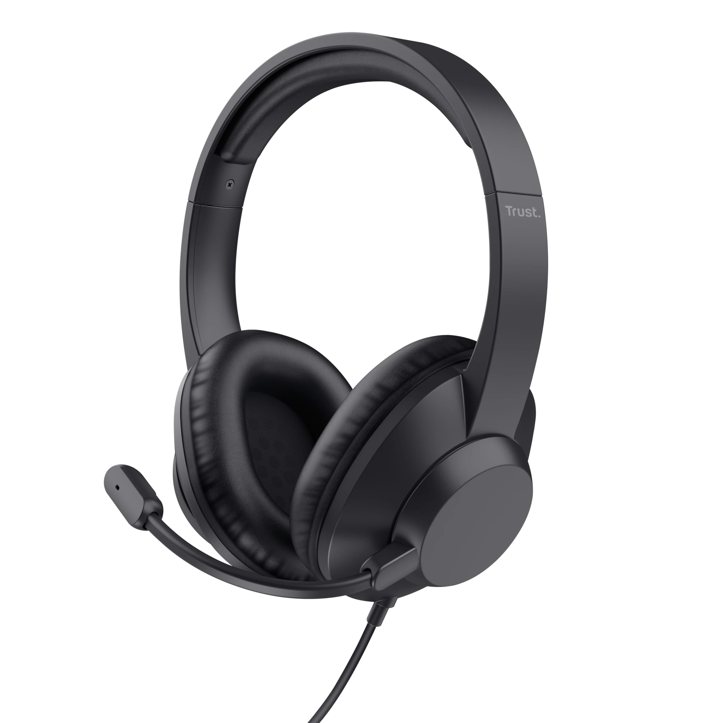 Black wired headset with a headband, padded ear cups, and a flexible microphone, designed for office and call center use, featuring a USB Type connection.