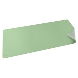 Smooth, rectangular desk mat in a soft green color with a slightly curled corner, made from durable material for a stylish workspace.