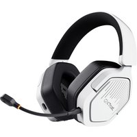 White Trust GXT 493W Carus headset with black cushioned ear cups, adjustable headband, and detachable microphone.