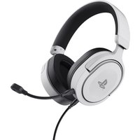 Black and white Trust GXT 498 Forta wired gaming headset with headband and attached microphone.