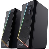 Black Trust GXT 609 Zoxa wired speakers with RGB lighting and dual front-facing controls.