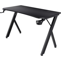 Black Trust GXT 700 Omnius gaming desk with sleek surface, sturdy X-shaped legs, and cup holder attachment.