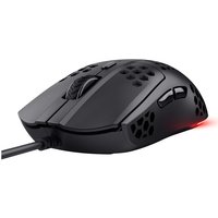 Black Trust GXT 928 HELOX gaming mouse with honeycomb design, RGB lighting, and side buttons.
