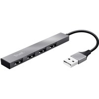 Sleek aluminum Trust Halyx USB 2.0 hub with four ports and attached black cable with USB connector.
