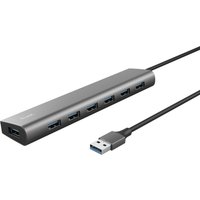 Silver Trust Halyx USB hub with six USB 3.2 Gen 1 Type-A ports and attached cable.