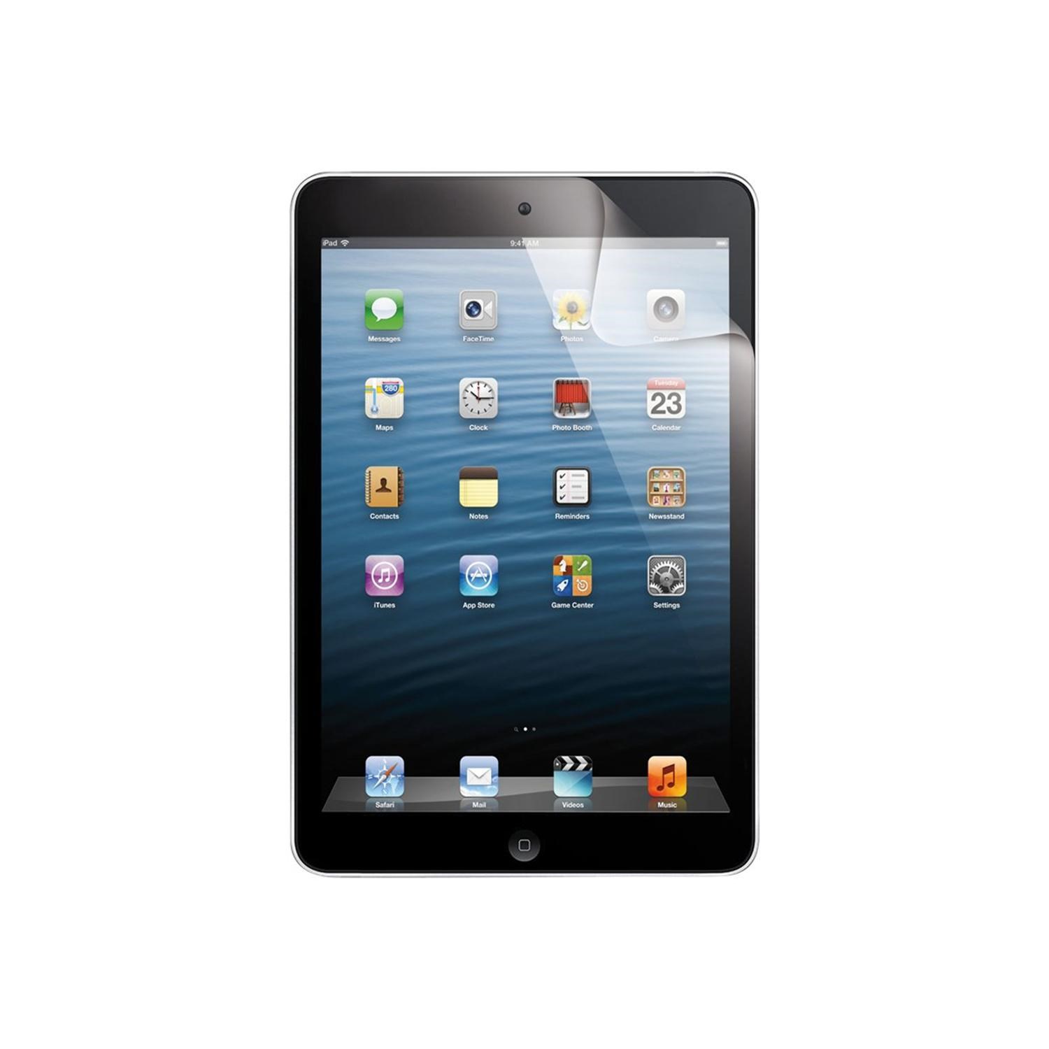 Clear, glossy screen protector for iPad Mini, featuring a precise cut for the device's screen, packaged in a 2-pack by Trust.