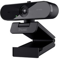 Black Trust TW-200 webcam with 1920x1080 resolution, USB connection, and adjustable clip stand.