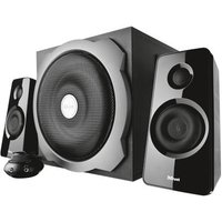 Black Trust Tytan 2.1 speaker system with large subwoofer, two satellite speakers, and wired control pod.