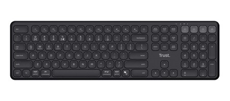 Trust Vaiya Multi-device Wireless Keyboard in black, featuring a sleek design, rounded keys, and a compact layout for easy multi-device connectivity.