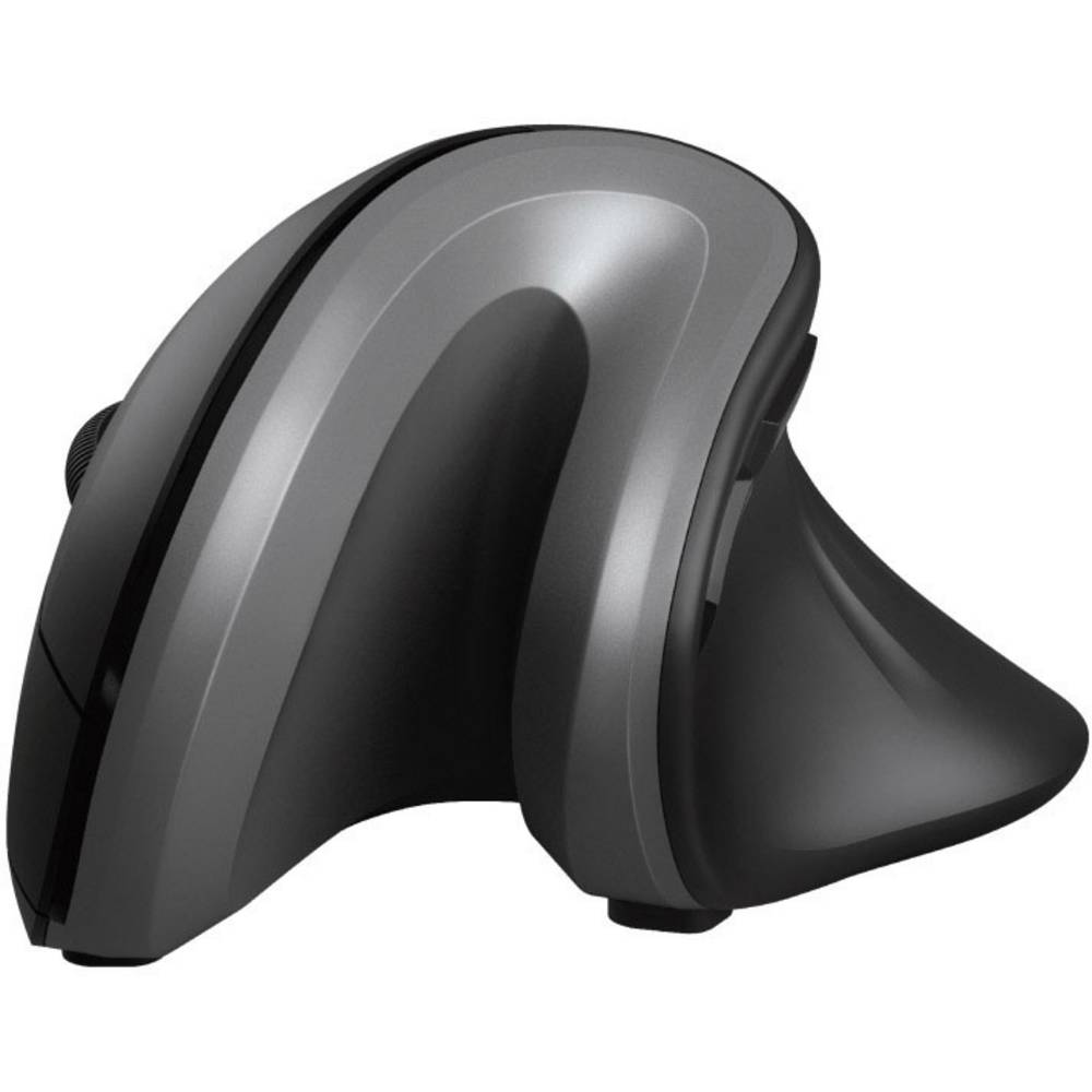Ergonomic wireless mouse in black and silver with a sleek design, featuring a vertical grip for comfort and side buttons for easy navigation.