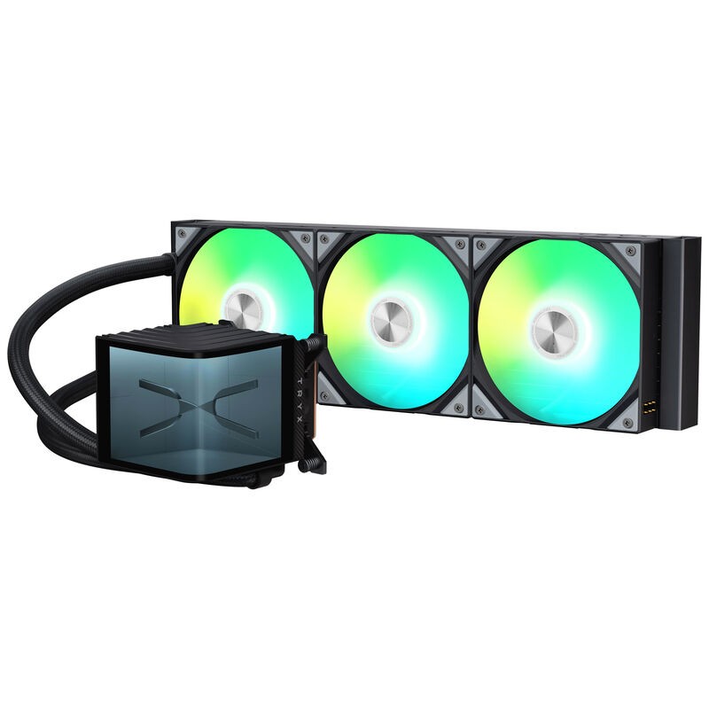 TRYX PANORAMA 360 ARGB CPU cooler features a sleek black design with a 360mm radiator and three vibrant ARGB fans that glow in green and blue hues.