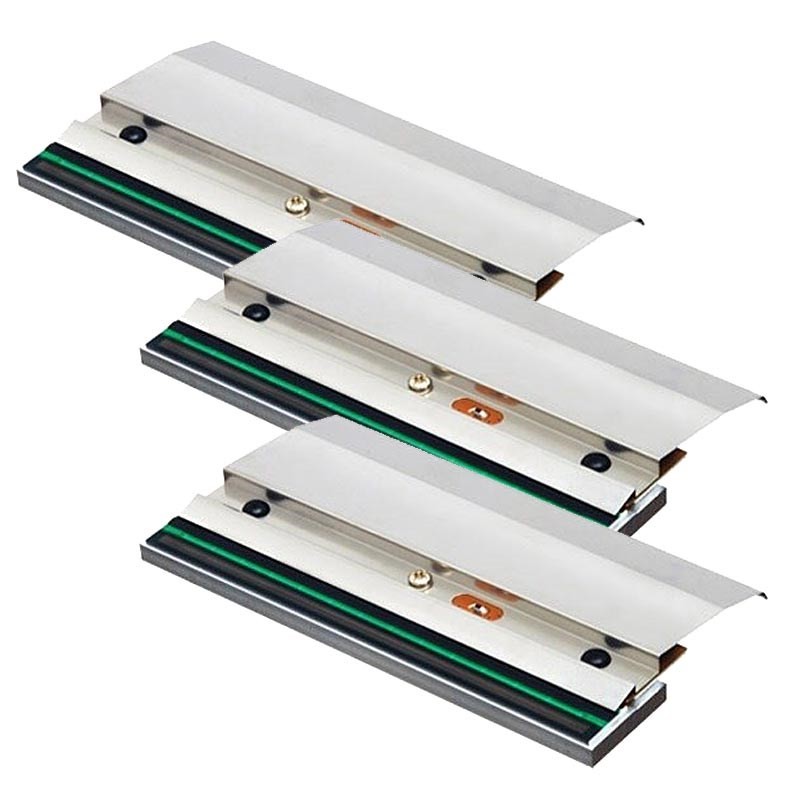 Three TSC 98-0390005-10LF print heads with a sleek silver metal finish, featuring a green and black strip along the bottom and a small copper contact point.
