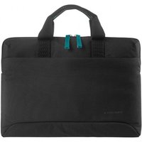 Black Tucano SMILZA laptop purse case, super slim with dual handles and turquoise zipper pulls.