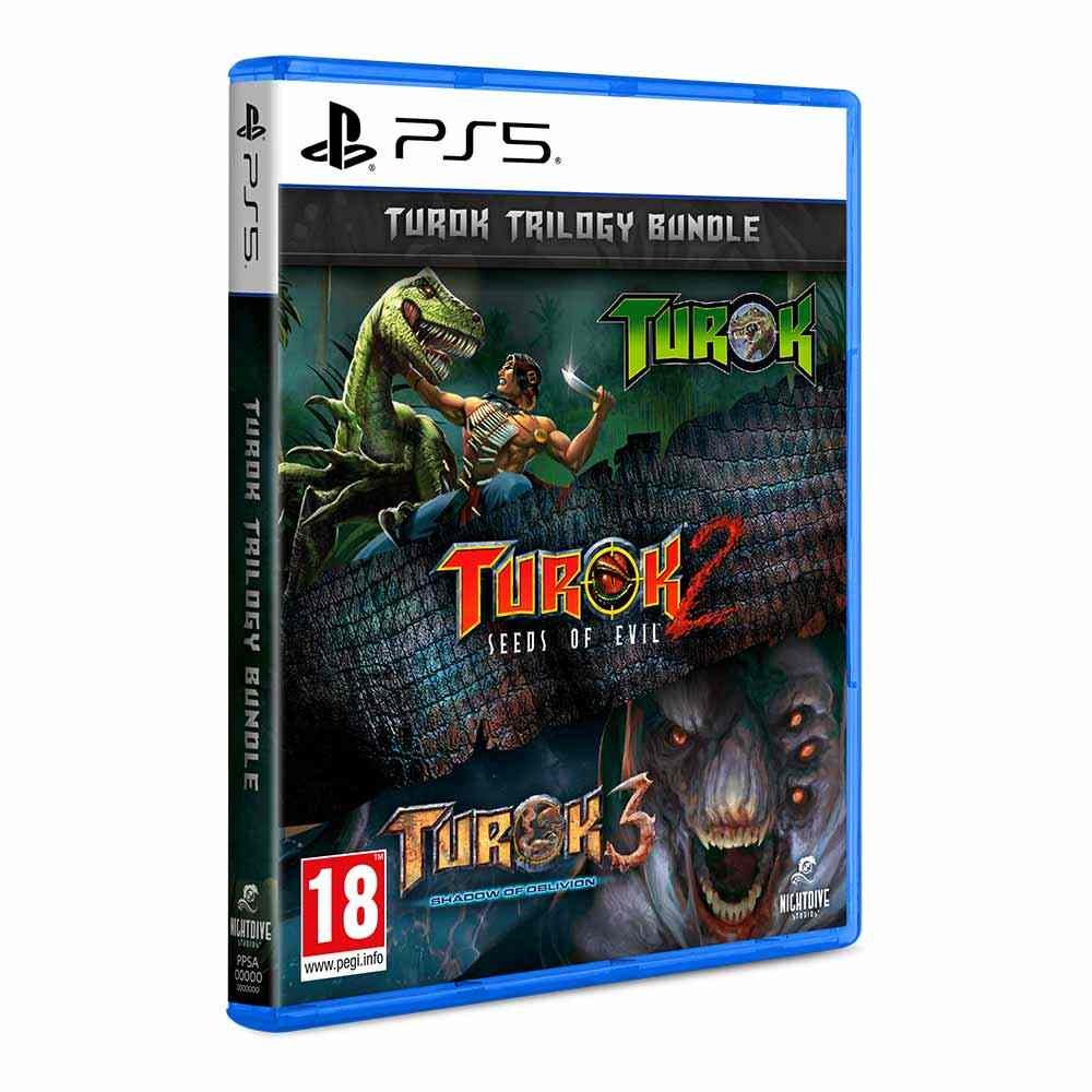 Turok Trilogy Bundle for PlayStation 5 featuring a blue case, vibrant artwork of dinosaurs and characters, and the titles "Turok," "Turok 2: Seeds of Evil," and "Turok 3."