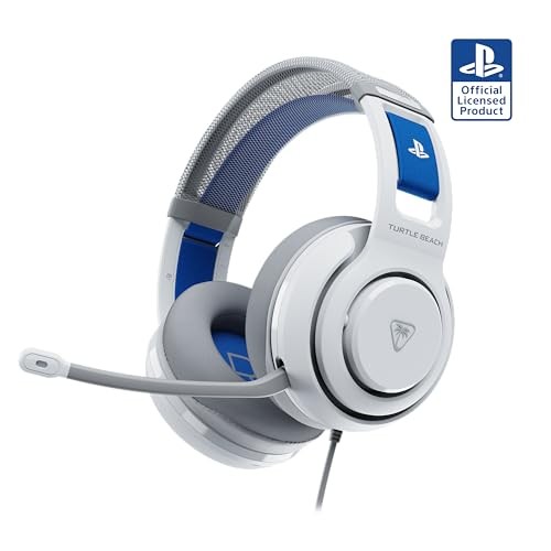 White Turtle Beach Atlas 200 wired gaming headset featuring blue accents, a flexible microphone, cushioned ear cups, and a PlayStation logo, designed for PS5 and PS4 compatibility.