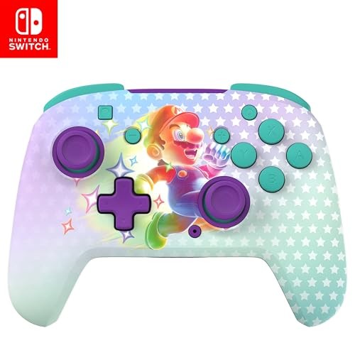 Wireless controller featuring a colorful Mario design with purple buttons and accents, set against a pastel star-patterned background, compatible with Nintendo Switch models.
