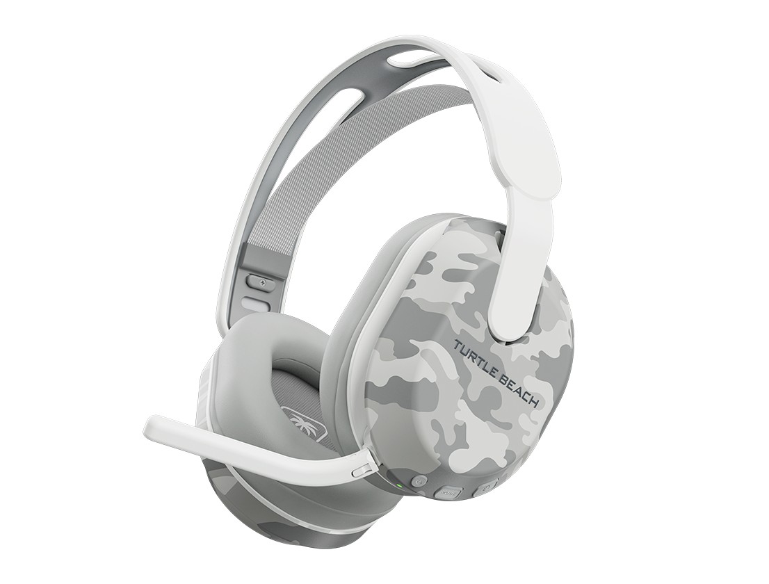 Gray and white Arctic camo wireless gaming headset with a padded ear cup, adjustable headband, and a flip-to-mute microphone, designed for Xbox and Bluetooth compatibility.