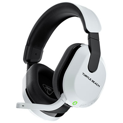 White Turtle Beach Stealth 600 headset featuring a sleek design, adjustable black headband, cushioned ear cups, and a flip-to-mute microphone, compatible with PS5, PS4, PC, and mobile devices.