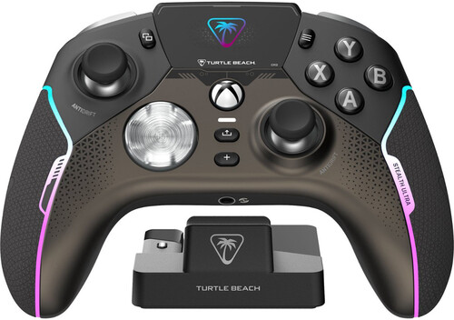 Black Turtle Beach Stealth Ultra Wireless Controller features textured grips, dual thumbsticks, and a central light, accompanied by a sleek charge dock.